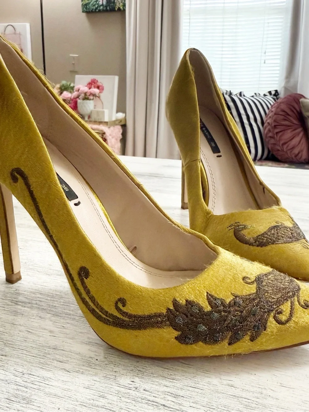 Zara Peacock Embroidered Pointed-Toe Stiletto Heels size 36